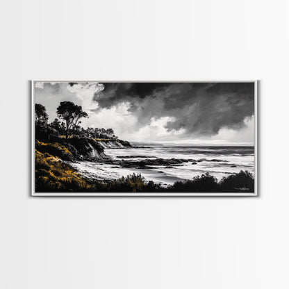 Stormy Coast, Dramatic Sky, Black and White Seascape, Framed Canvas Print, Coastal Wall Art, Large Landscape, Entryway Decor, Moody Art