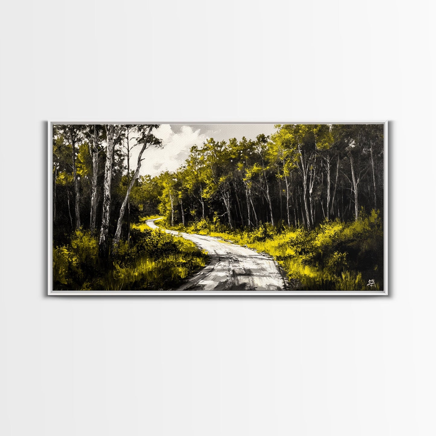 Forest Road, Scenic Nature Path, Rustic Landscape Painting, Greenery Wall Art, Country Home Decor, Framed Canvas Print, Office Artwork