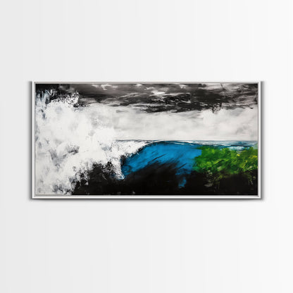 Powerful Wave, Ocean Energy, Coastal Vibes, Modern Abstract, Blue and Green Art, Large Statement, Beach House, Framed Canvas Print