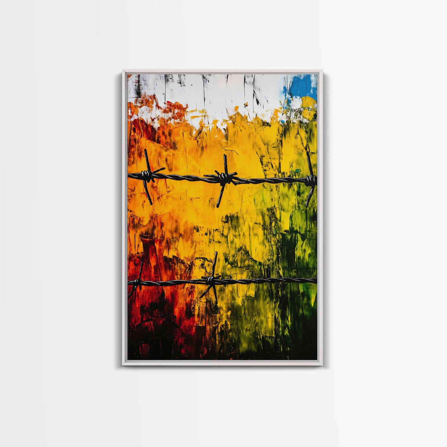 Barbed Wire Wall Art, Red Yellow Green, Bold Abstract Painting, Modern Industrial Decor, Statement Piece, Office Wall Art, Canvas Print