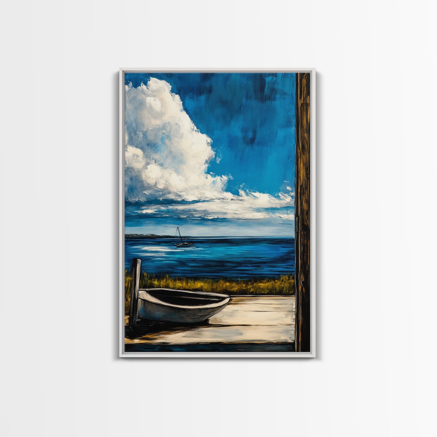 Seaside Serenity, Wooden Dock, Tranquil View, Framed Canvas Print, Ocean Wall Art, Coastal Living, Beach House Decor, Nautical Aesthetic