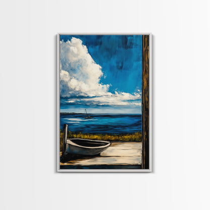 Seaside Serenity, Wooden Dock, Tranquil View, Framed Canvas Print, Ocean Wall Art, Coastal Living, Beach House Decor, Nautical Aesthetic