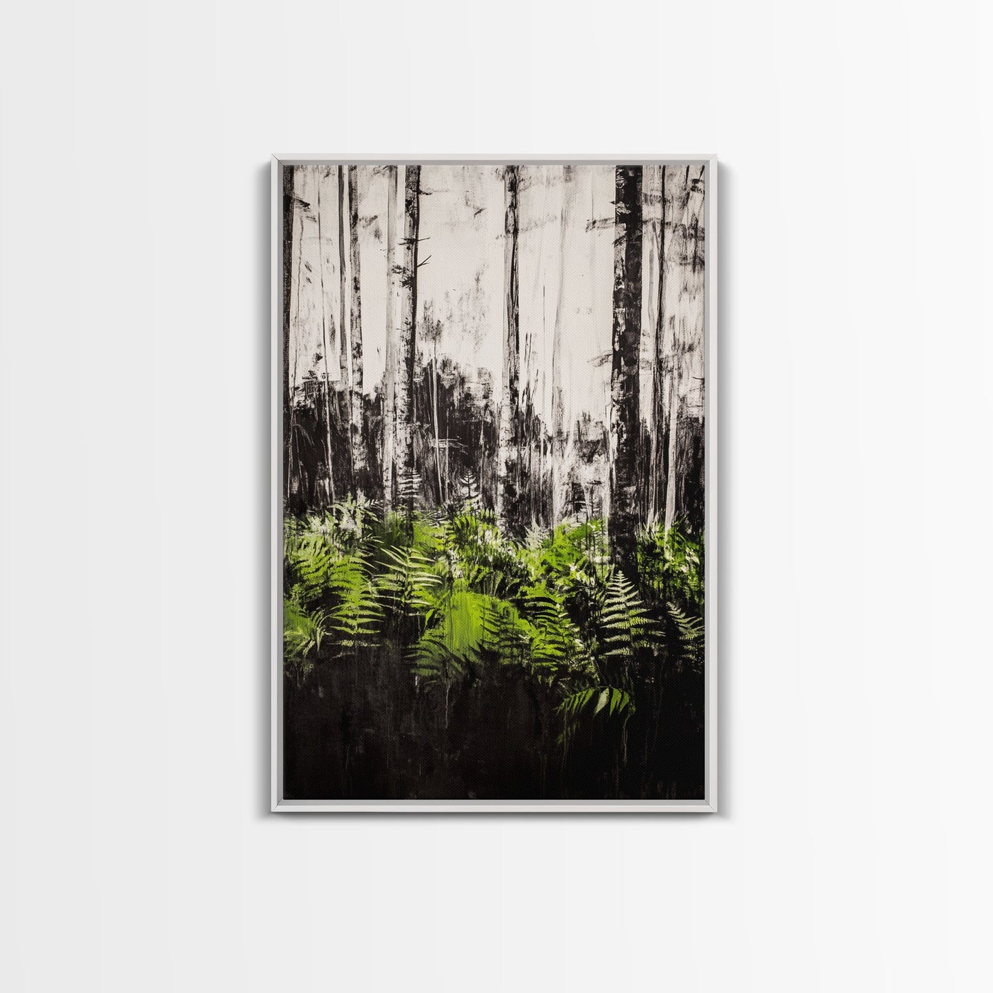 Forest Ferns, Green Botanical Art, Woodland Nature Print, Minimalist Home Decor, Black and White Wall Art, Framed Canvas Print