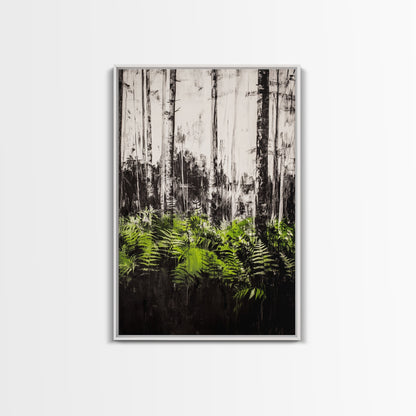 Forest Ferns, Green Botanical Art, Woodland Nature Print, Minimalist Home Decor, Black and White Wall Art, Framed Canvas Print
