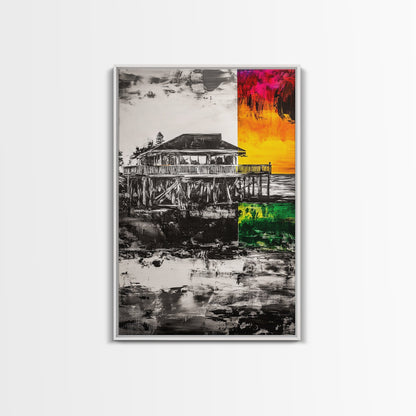 Pier House, Sunset Painting, Coastal Decor, Beach House Art, Framed Canvas Print, Living Room Wall Art, Nautical Theme, Abstract Home Decor