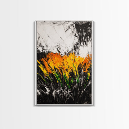 Fiery Wildflowers, Black White Abstract, Nature Art, Floral Painting, Contemporary Living Room Decor, Statement Piece, Canvas Print