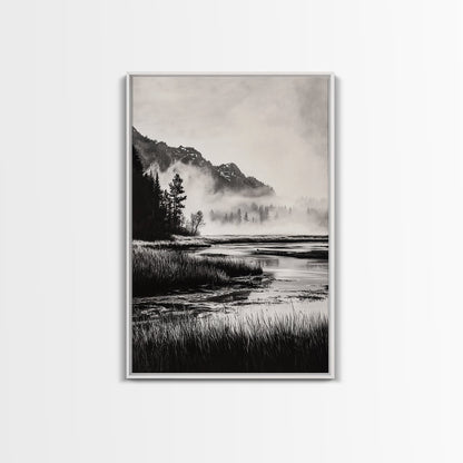 Foggy Forest, Monochrome Wall Art, Nature Landscape, Tranquil Painting, Living Room Decor, Rustic Style, Framed Canvas Print