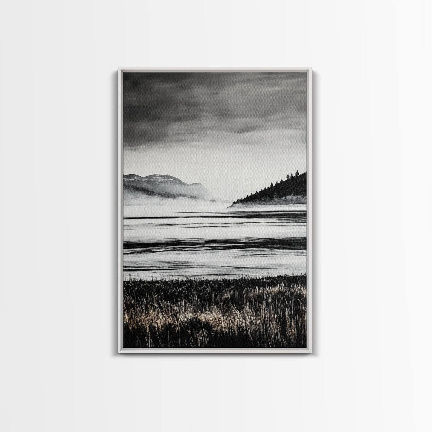 Serene Lake, Black and White Artwork, Misty Mountains, Nature Decor, Minimalist Landscape, Home Office Art, Canvas Print