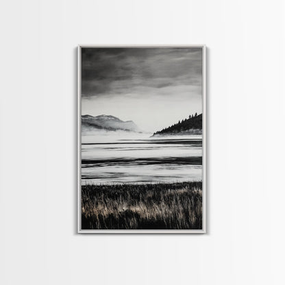 Serene Lake, Black and White Artwork, Misty Mountains, Nature Decor, Minimalist Landscape, Home Office Art, Canvas Print