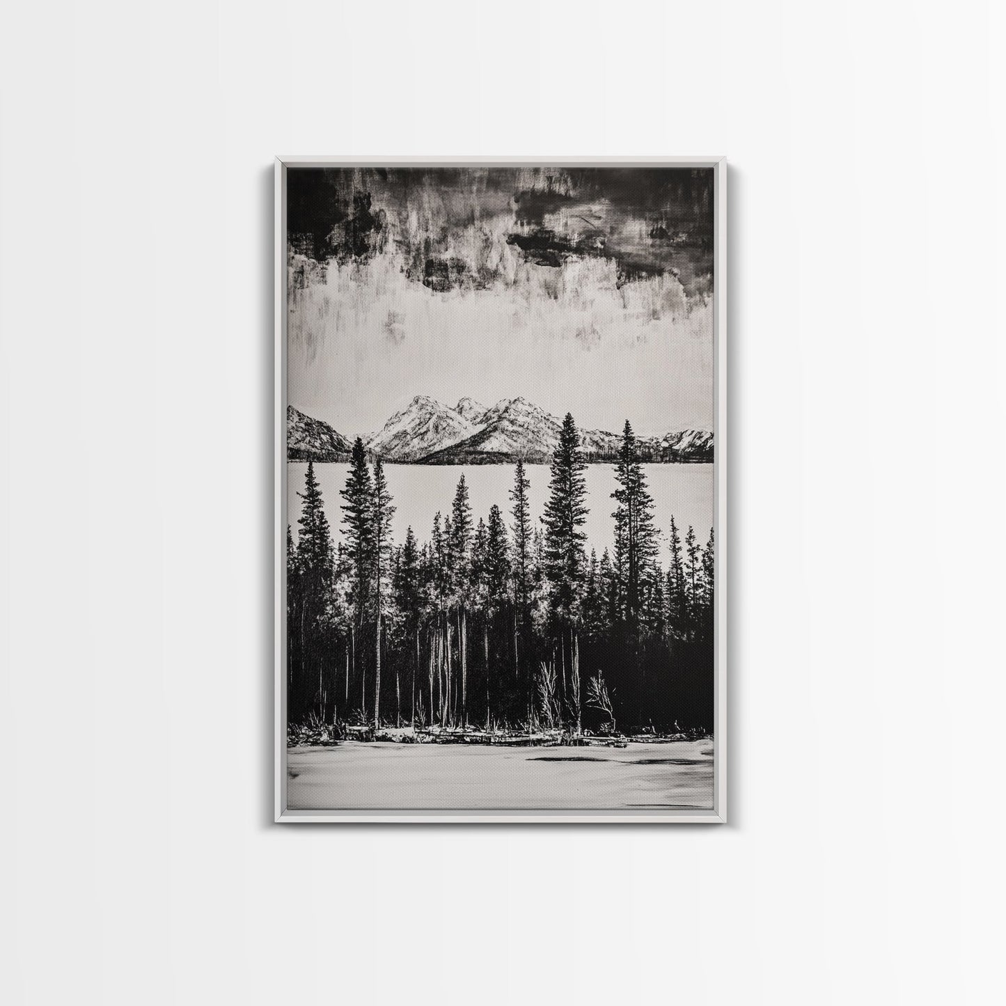 Mountain Serenity, Black and White Landscape, Nature Art, Tranquil Home Decor, Minimalist Painting, Office Artwork, Framed Canvas Print