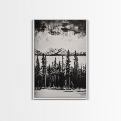 Mountain Serenity, Black and White Landscape, Nature Art, Tranquil Home Decor, Minimalist Painting, Office Artwork, Framed Canvas Print