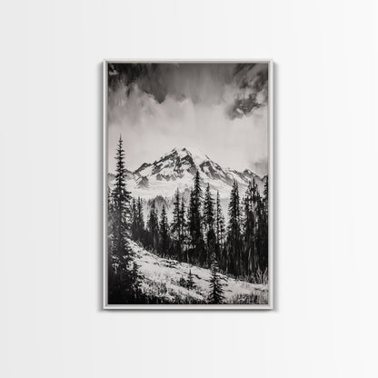 Snowy Peak, Mountain Landscape, Monochrome Art, Winter Wall Art, Nature Inspired, Rustic Wall Decor, Large Wall Art, Framed Canvas Print
