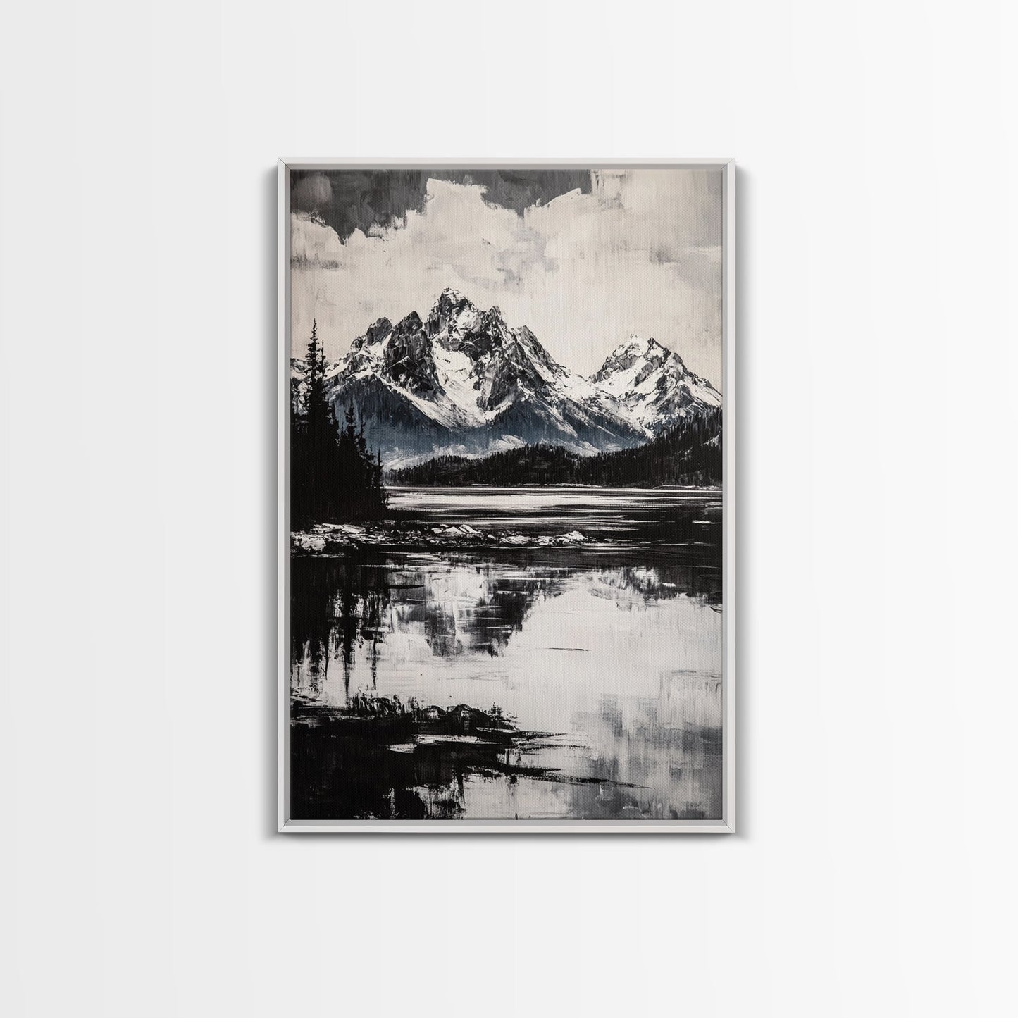 Serene Lake, Black and White Art, Nature Wall Decor, Minimalist Art, Wilderness Painting, Tranquil Wall Art, Modern Home Decor, Canvas Print