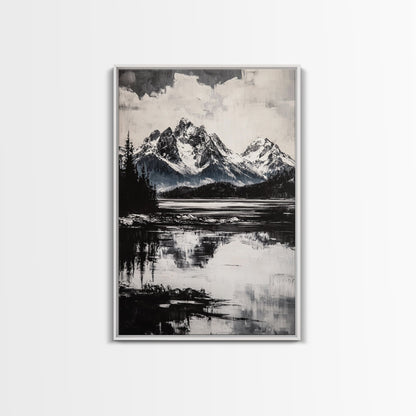 Serene Lake, Black and White Art, Nature Wall Decor, Minimalist Art, Wilderness Painting, Tranquil Wall Art, Modern Home Decor, Canvas Print