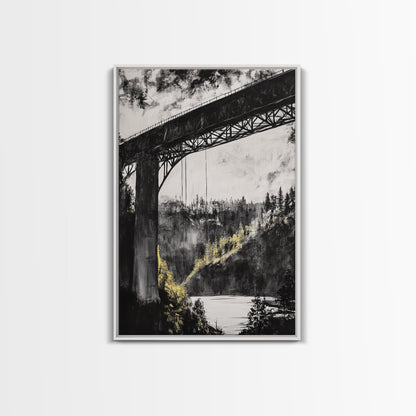 Steel Bridge, Industrial Wall Art, Black and White Landscape, Cityscape Art, Rustic Metal, Loft Style, Office Wall Art, Framed Canvas Print