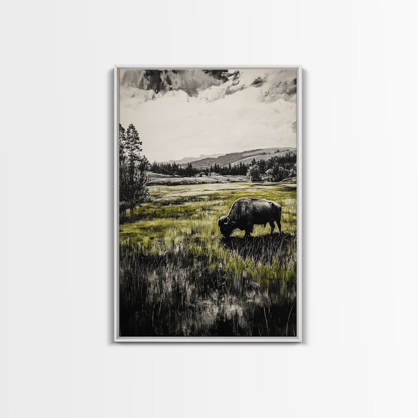 Grazing Bison, Wildlife Art, Rustic Home Decor, Nature Inspired, Western Landscape, Monochrome Art, Cabin Wall Art, Framed Canvas Print