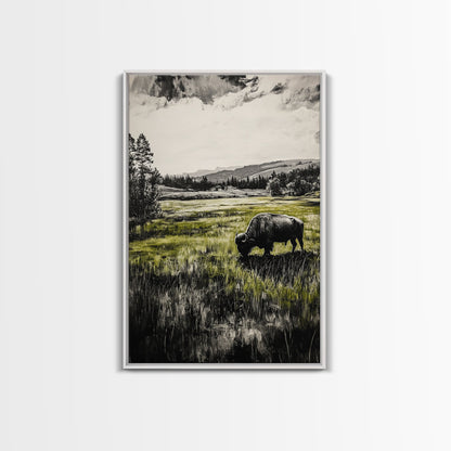 Grazing Bison, Wildlife Art, Rustic Home Decor, Nature Inspired, Western Landscape, Monochrome Art, Cabin Wall Art, Framed Canvas Print