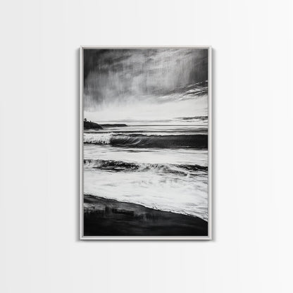 Black and White Waves, Ocean Painting, Dramatic Coastline, Minimalist Art, Framed Canvas Print, Modern Seascape, Contemporary Wall Art