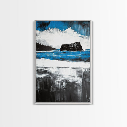 Ocean Cliff Seascape, Moody Coastal Art, Black White Blue Water, Modern Minimalist Wall Decor, Nautical Home Gift, Framed Canvas Print