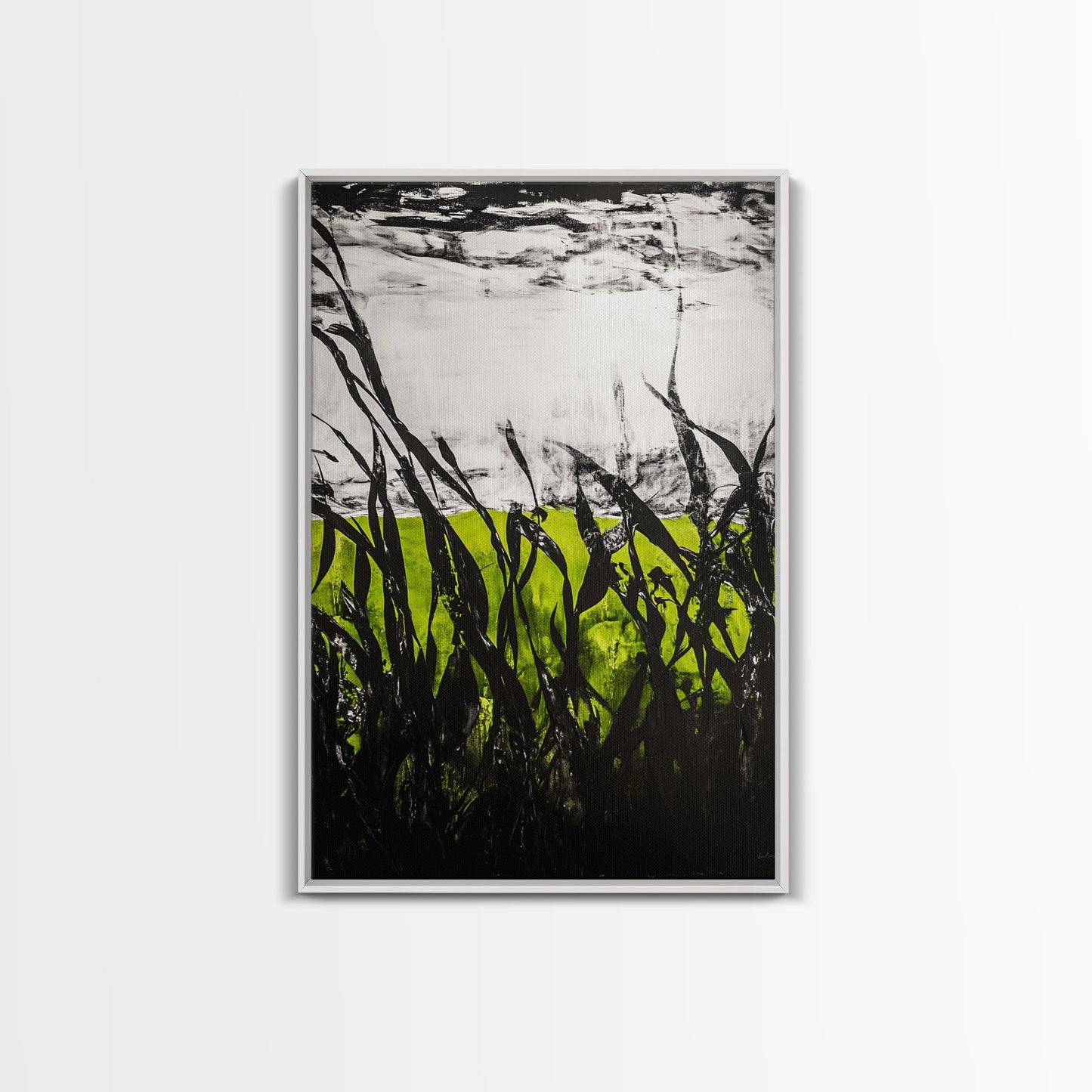 Minimalist Grass Field, Black White Green Nature Art, Abstract Farmhouse Wall Decor, Modern Simple Landscape, Framed Canvas Print