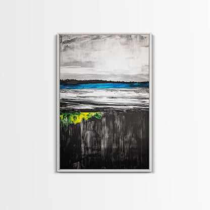 Tranquil Lake View, Blue Water Abstract Landscape, Moody Black White Sky, Serene Nature Wall Decor, Relaxing Home Gift, Canvas Print