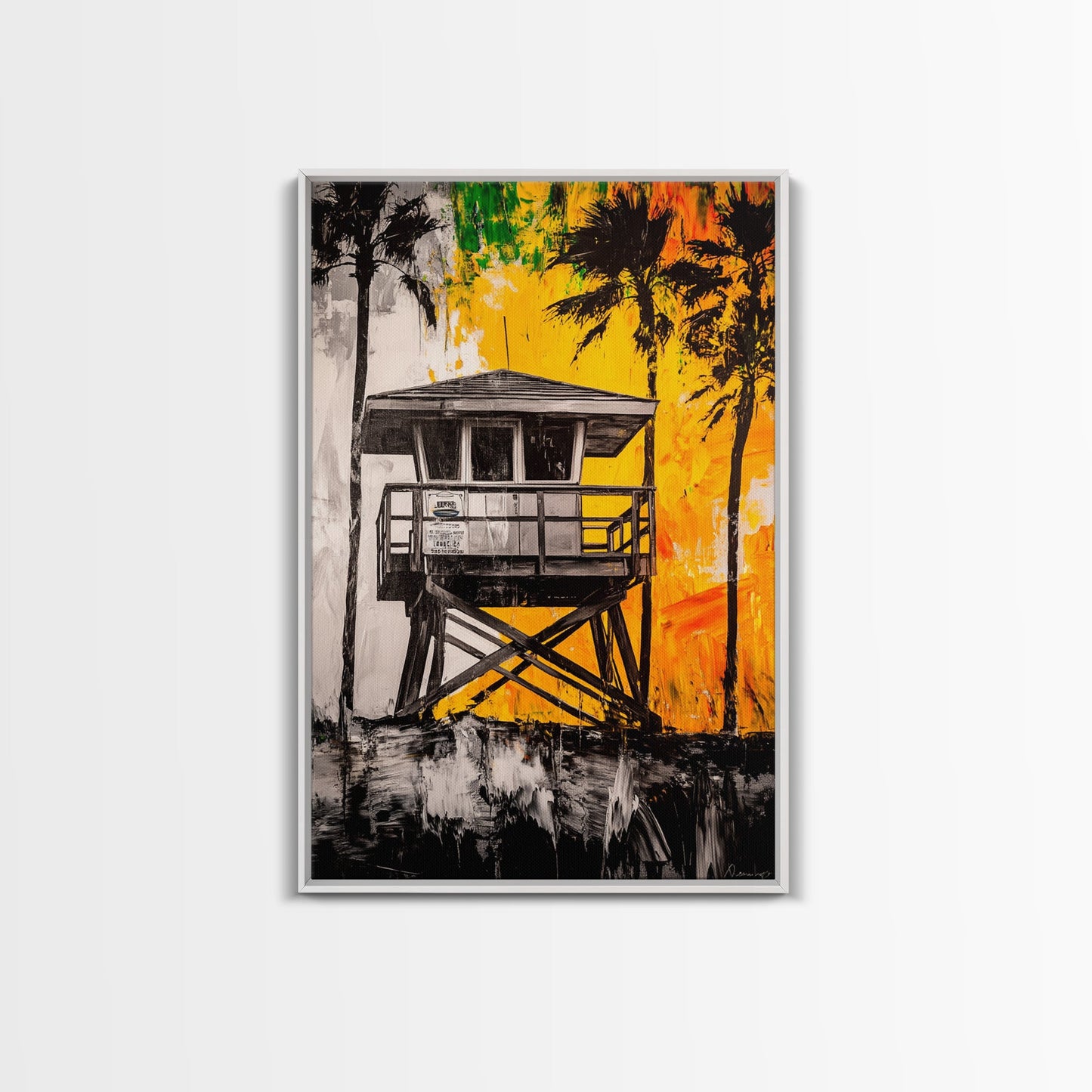 Lifeguard Tower, Beach House Art, Tropical Wall Art, Coastal Sunset, Vibrant Palm Trees, California Decor, Canvas Print, Living Room