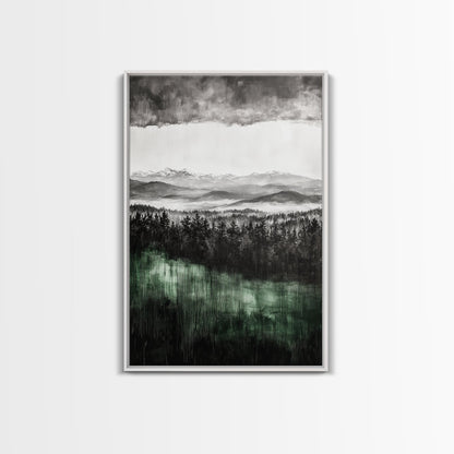 Misty Mountains, Moody Wall Art, Rustic Home Decor, Cabin Wall Art, Neutral Aesthetic, Black and White, Framed Canvas Print