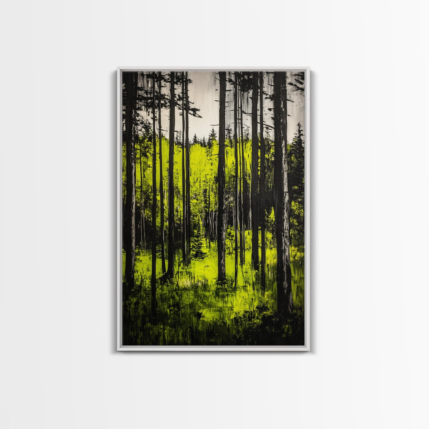 Forest Sunlight, serene nature painting, lush green forest, peaceful landscape wall art, calming home decor, framed canvas print, cabin art