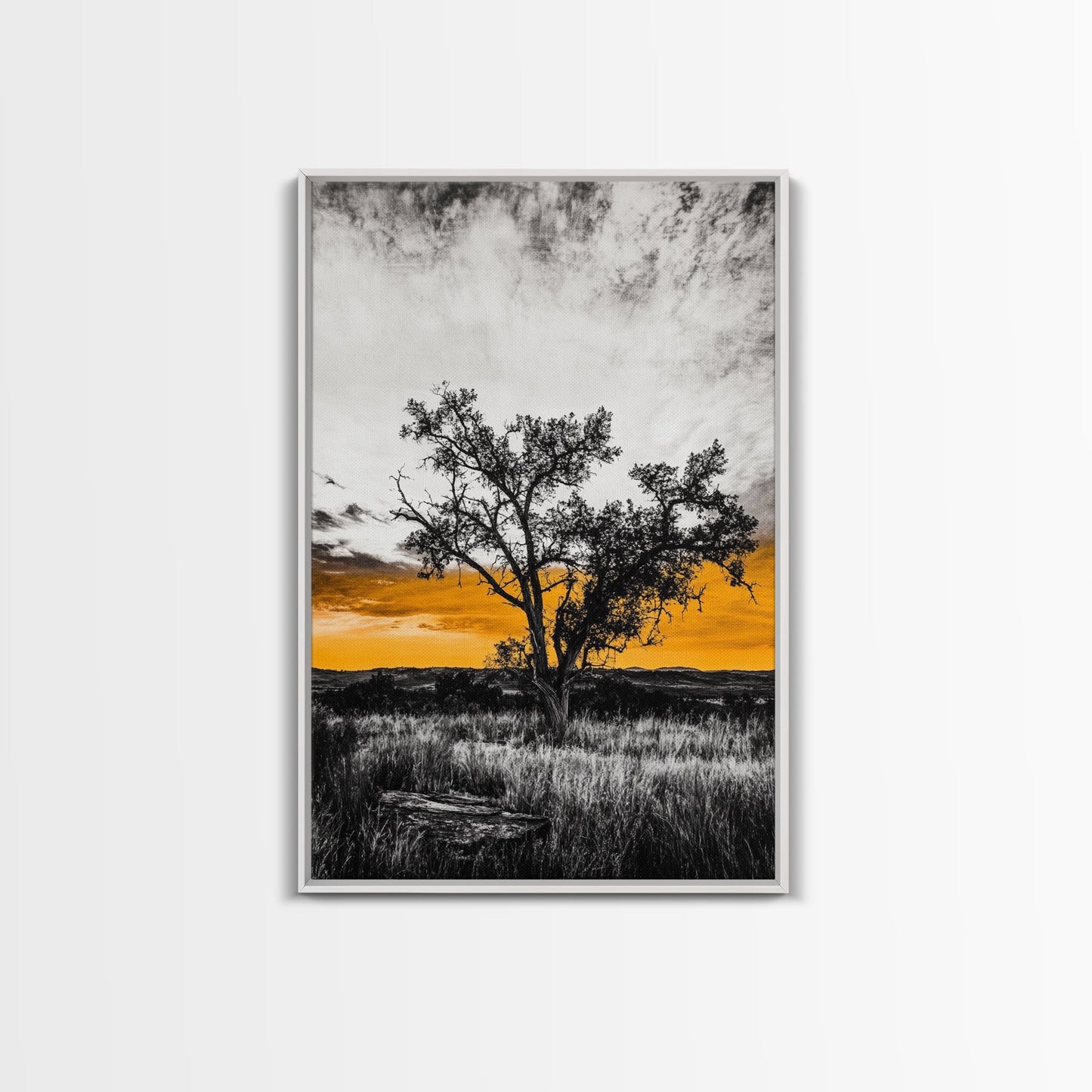 Lone Tree Sunset, dramatic landscape print, fall sunset art, rustic countryside decor, warm autumn painting, framed canvas print, hallway