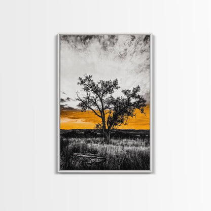 Lone Tree Sunset, dramatic landscape print, fall sunset art, rustic countryside decor, warm autumn painting, framed canvas print, hallway