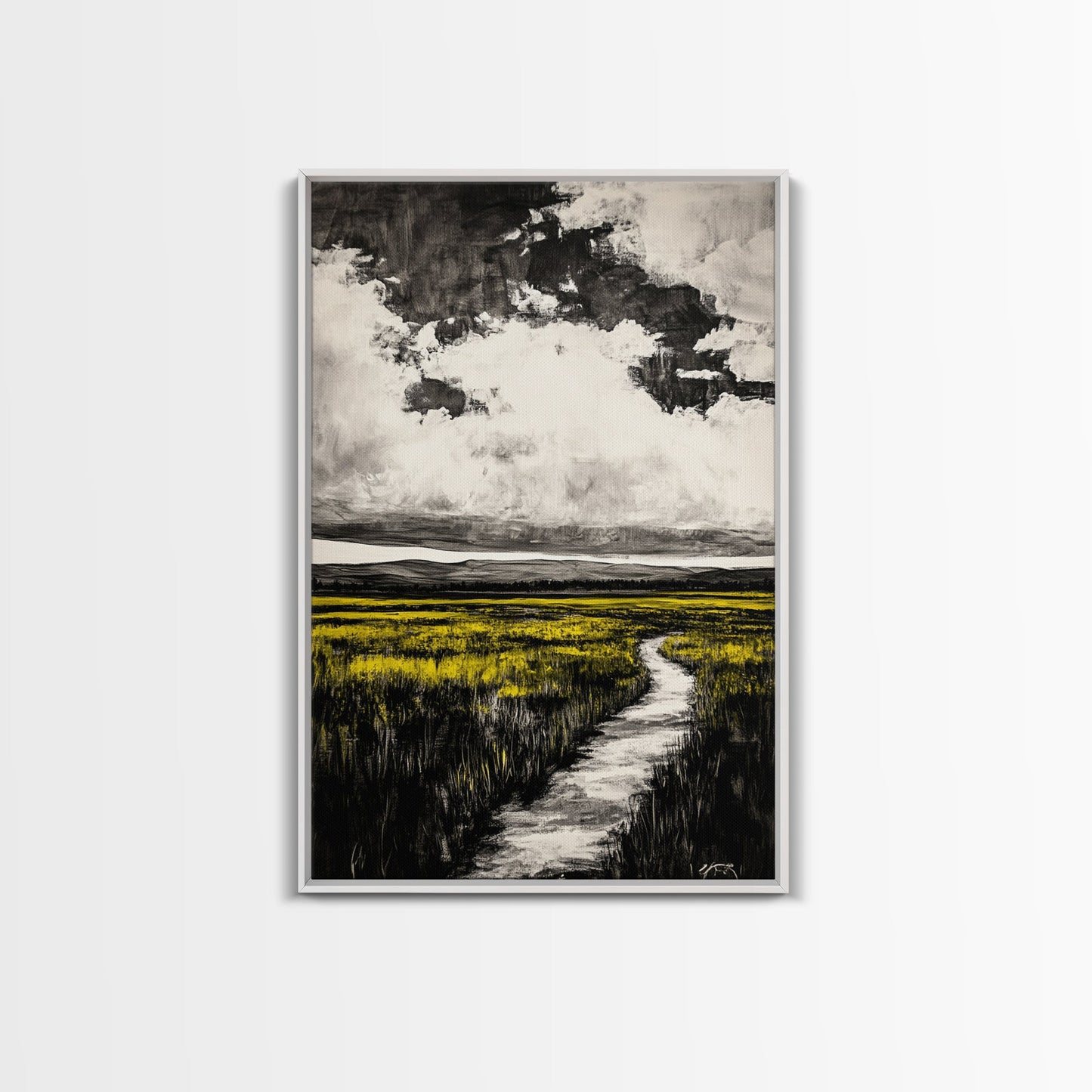 Field Pathway, dreamy landscape painting, country road art, scenic nature wall decor, calming yellow tones, framed canvas print, entryway