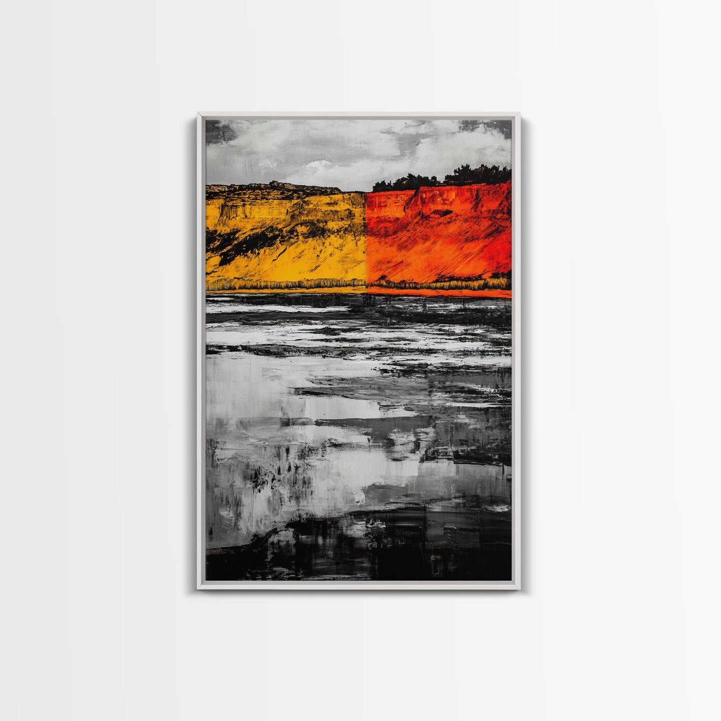 Autumn Cliffs, Seasonal Landscape, Fall Wall Art, Rustic Nature Print, Bold Orange and Yellow, Framed Canvas Print, Living Room Decor