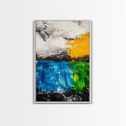 Abstract Landscape, Blue and Yellow Modern Painting, Minimalist Nature Art, Framed Canvas Print, Living Room or Office Wall Decor