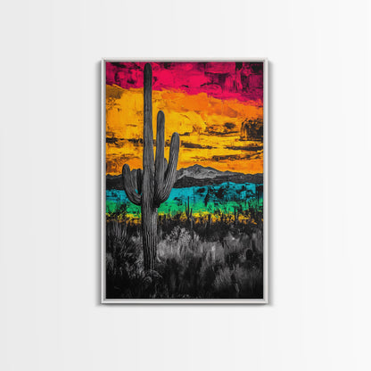 Desert Cactus, Vibrant Sunset Southwest Painting, Bold Desert Art, Framed Canvas Print, Western Home or Office Wall Decor