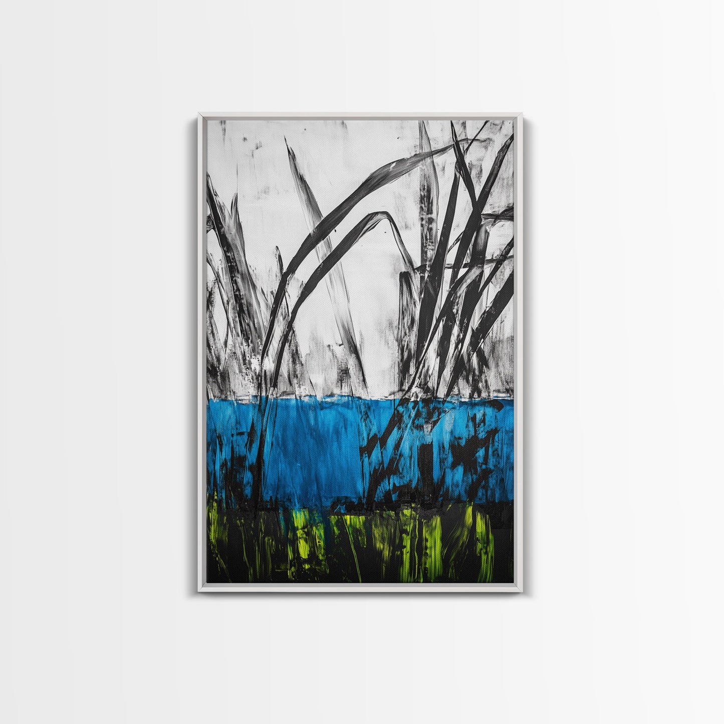 Abstract Grass, Blue and Green Art, Nature Inspired Wall Art, Minimalist Decor, Textured Canvas Print, Living Room Wall Art