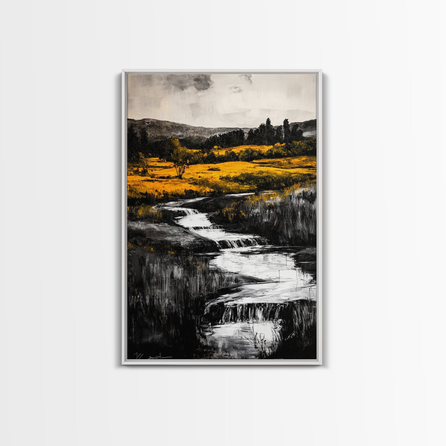 Golden Meadow, Nature Landscape, Rustic Wall Art, Framed Canvas Print, Country Farmhouse Decor, Waterfall Painting, Fall Vibes