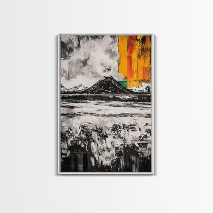 Volcano Landscape, Abstract Nature Art, Bold Modern Painting, Framed Canvas Print, Monochrome Mountains, Adventure Wall Decor