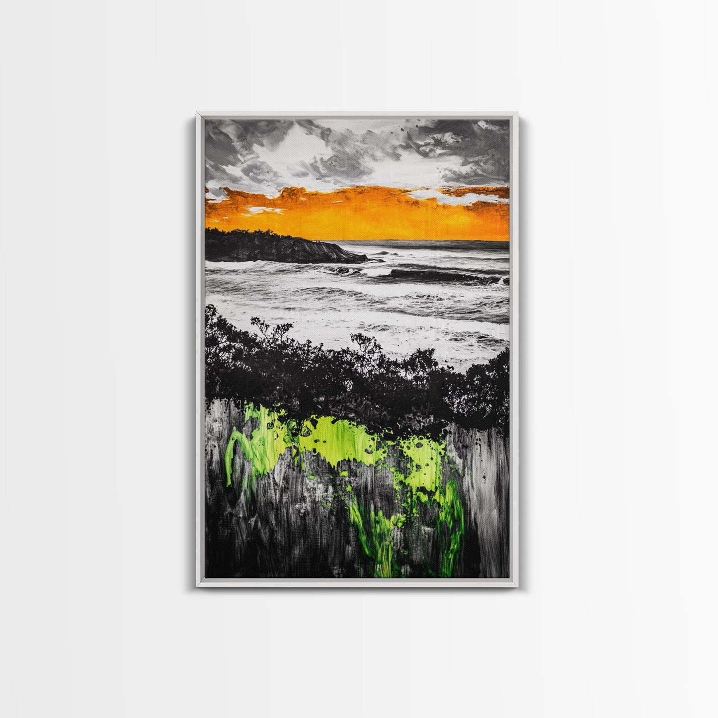 Sunset Ocean, Coastal Wall Art, Black White Seascape, Framed Canvas Print, Beach House Decor, Dramatic Sky, Nautical Artwork