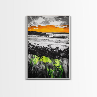 Sunset Ocean, Coastal Wall Art, Black White Seascape, Framed Canvas Print, Beach House Decor, Dramatic Sky, Nautical Artwork