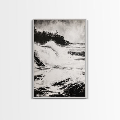 Ocean Waves, Seascape Painting, Framed Canvas Print, Beach House Decor, Nautical Wall Art, Black and White Art, Coastal Living Room
