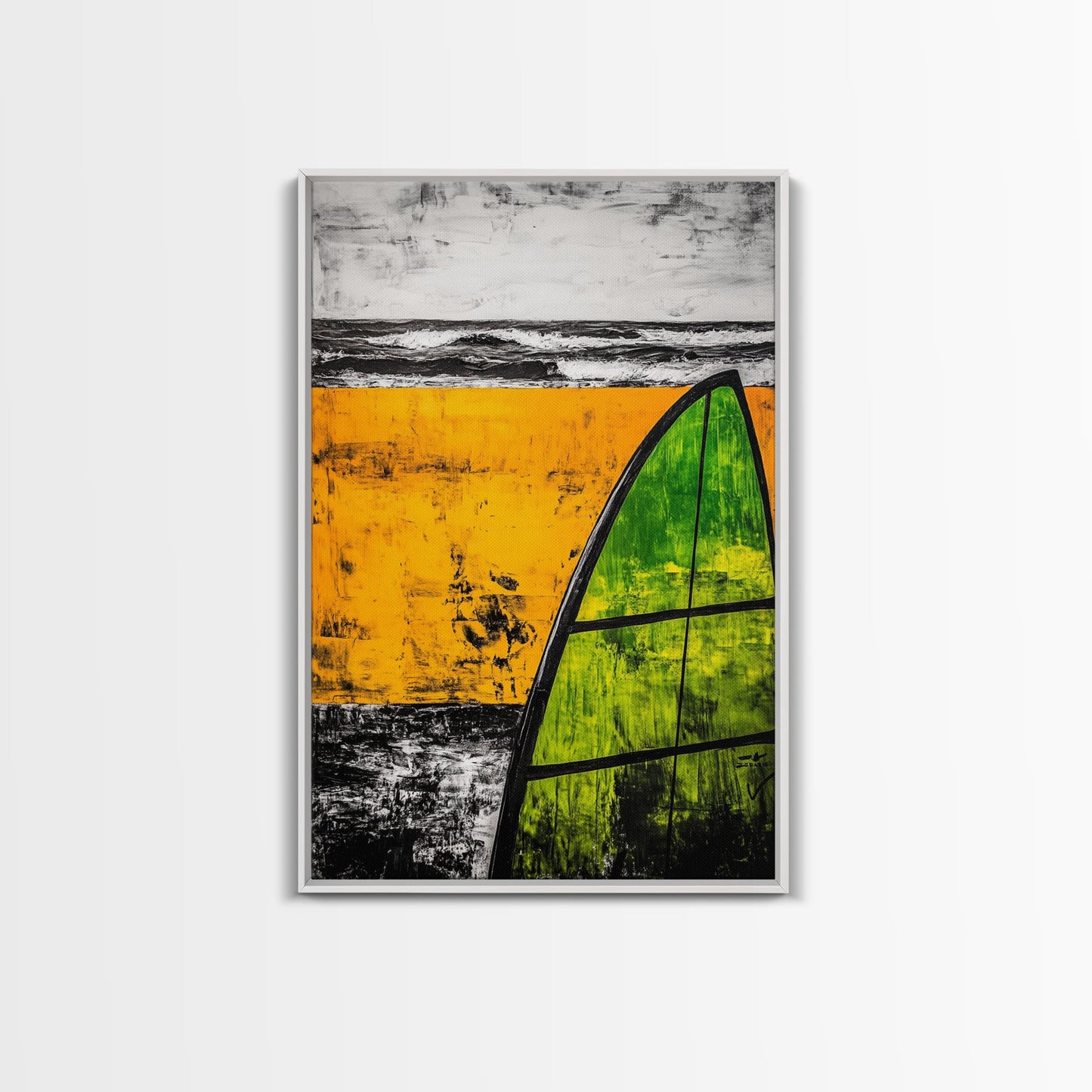 Yellow Beach, Sailboat Art, Nautical Decor, Coastal Wall Art, Framed Canvas Print, Ocean Waves, Living Room Art, Bold Abstract Style