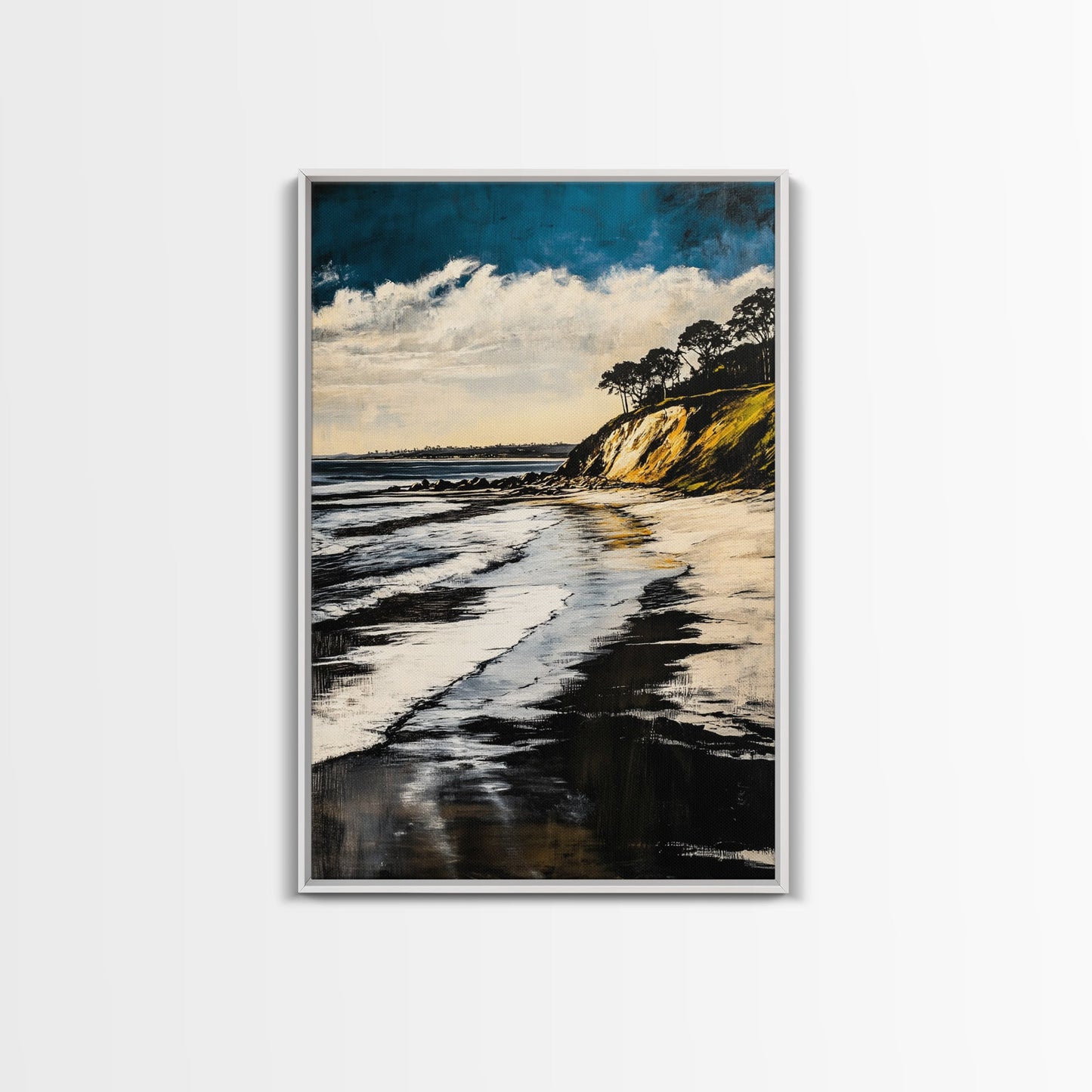 Sunset Beach, Cliffside View, Ocean Landscape, Nature Wall Art, Framed Canvas Print, Coastal Home Decor, Golden Hour, Serene Scene