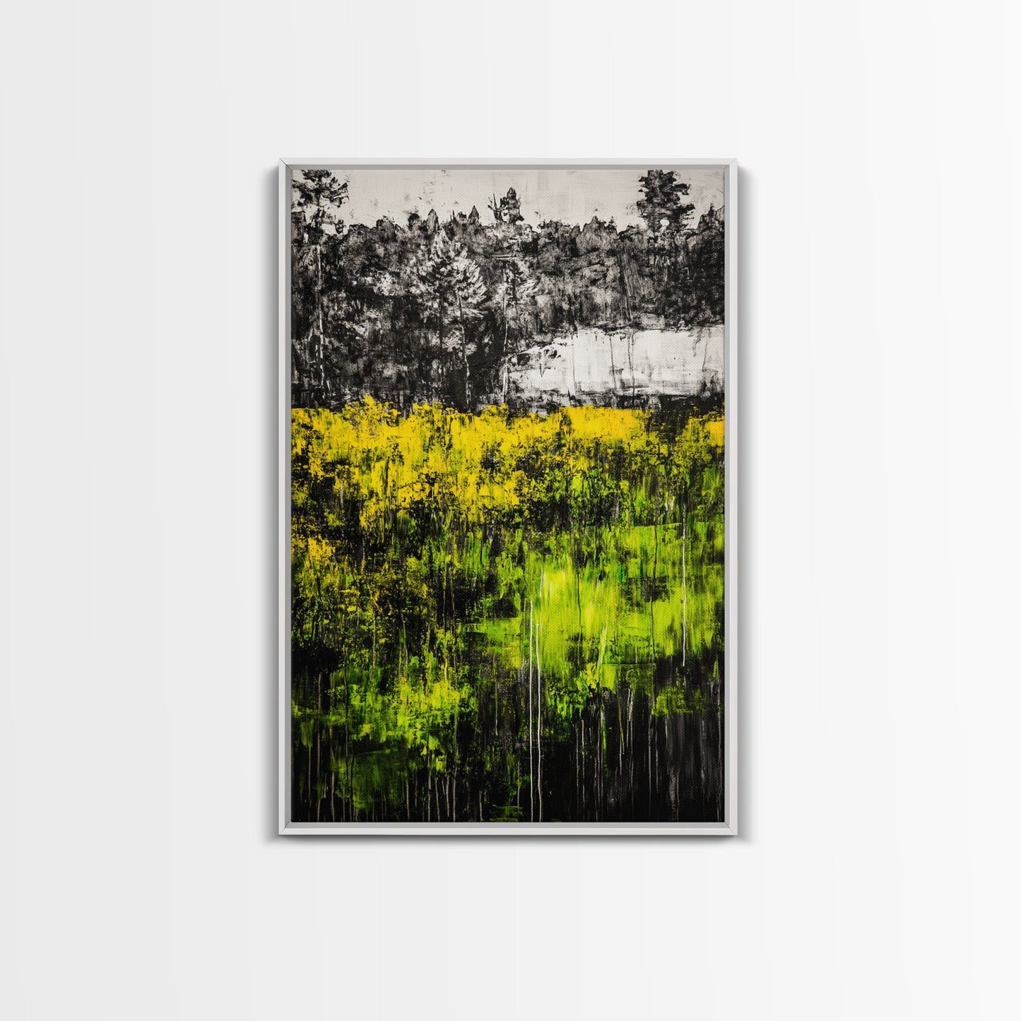 Wildflowers, Abstract Meadow, Colorful Landscape, Modern Wall Art, Framed Canvas Print, Boho Decor, Vibrant Nature, Yellow Green Art