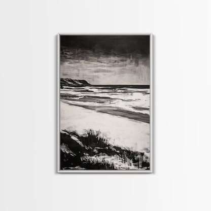 Black and White Beach, Stormy Ocean, Dramatic Seascape, Moody Wall Art, Framed Canvas Print, Minimalist Decor, Coastal Storm