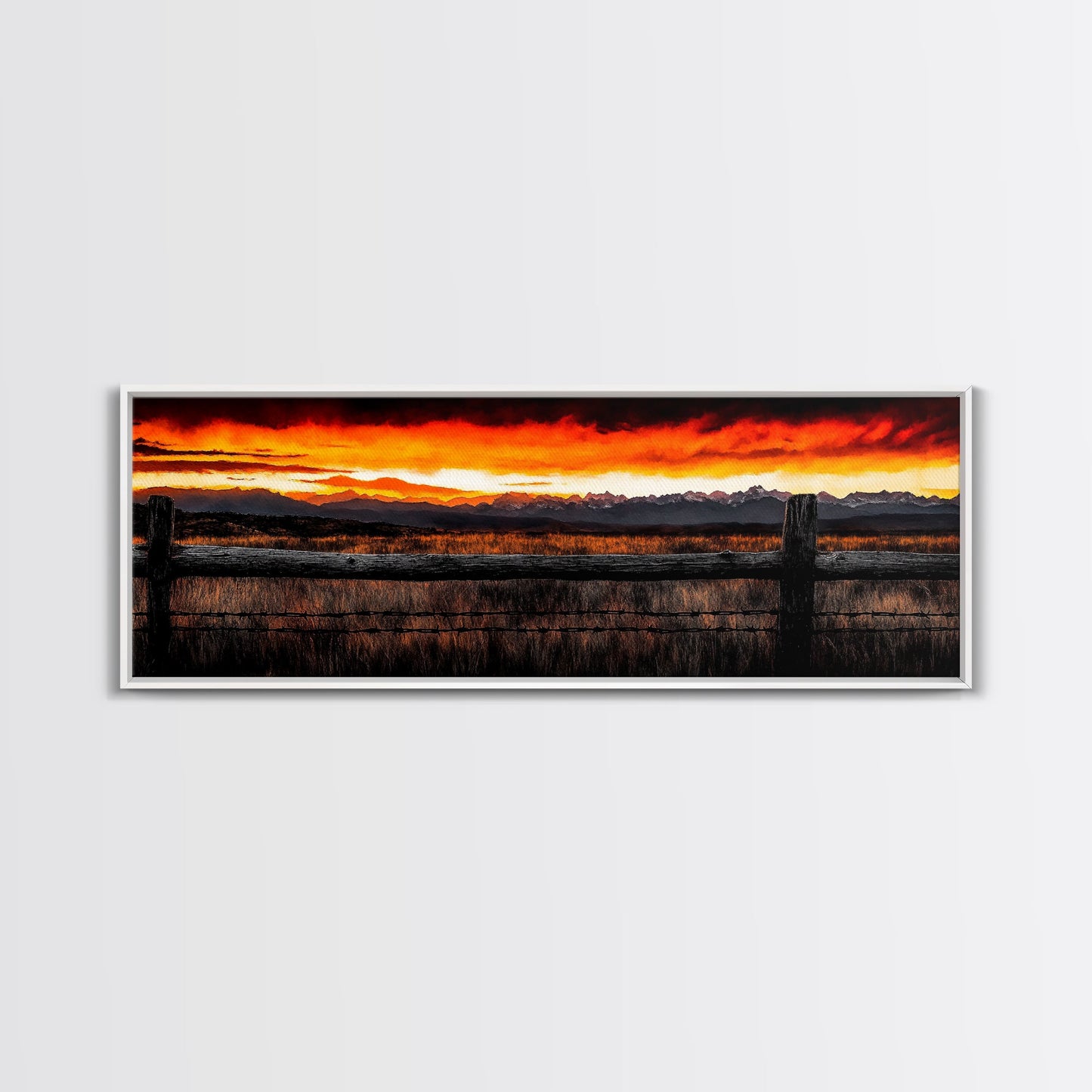 Western Sunset, Mountain Landscape Print, Rustic Cowboy Art, Dramatic Sky Painting, Country Wall Decor, Framed Canvas Print, Large Wall Art