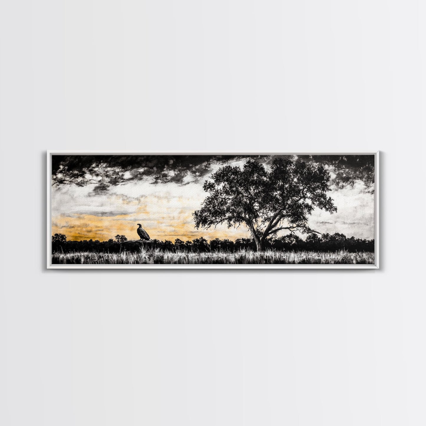 Lone Eagle and Tree, Dramatic Sunset Art, Wildlife Wall Decor, Rustic Nature Print, Framed Canvas Print, Office or Living Room Art