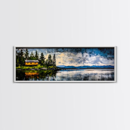 Cabin on the Lake, Peaceful Landscape, Nature Lover Art, Framed Canvas Print, Mountain View, Serene Wall Decor, Scenic Painting