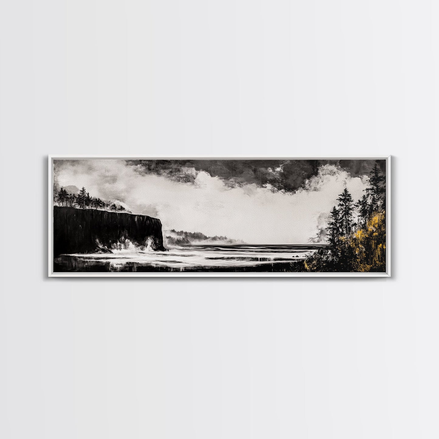 Steilküste, dramatisches Meerespanorama, stimmungsvolle Küste, monochrom, gerahmter Leinwanddruck, Küsten-Wandkunst, nautische Dekoration, großes Wandbild