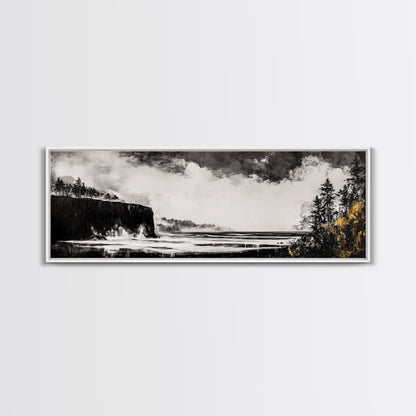 Steilküste, dramatisches Meerespanorama, stimmungsvolle Küste, monochrom, gerahmter Leinwanddruck, Küsten-Wandkunst, nautische Dekoration, großes Wandbild