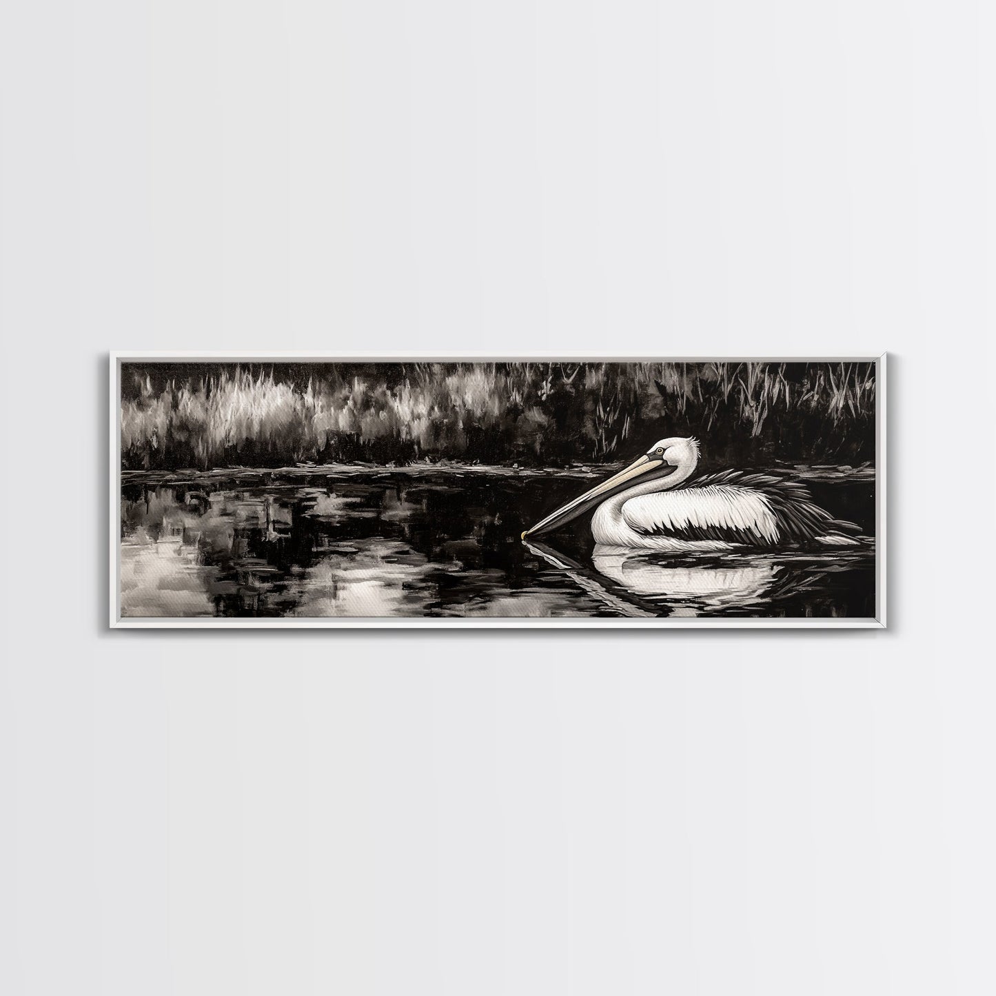 Pelican Reflection, Black White, Wildlife Art, Canvas Print, Nature Wall Art, Coastal Home Decor, Bird Lovers Gift, Monochrome Photography